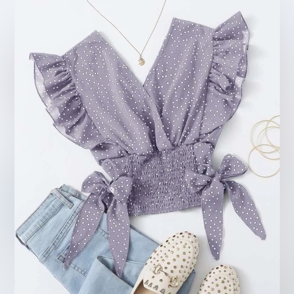 NWOT Dusty Lilac Purple Ruffle Smocked Shirred Hem Polka Dot Bow Blouse Top 🎀
